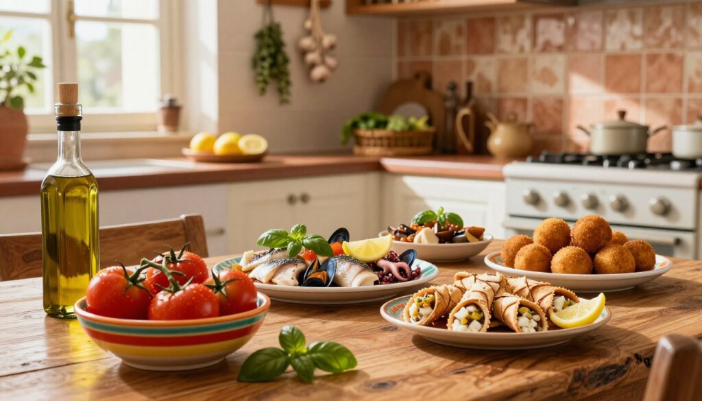 A vibrant and inviting Sicilian kitchen scene, featuring a rustic wooden table filled with traditional Sicilian dishes like arancini, caponata, and cannoli. In the foreground, a colorful bowl of fresh local tomatoes and basil, alongside a bottle of olive oil, hinting at the region's rich agricultural heritage. The middle ground displays a skillfully arranged platter of seafood, perhaps swordfish or octopus, elegantly garnished with lemon slices. In the background, the kitchen is alive with Mediterranean charm: terracotta tiles, hanging garlic and herbs, and sunlight streaming through a window, casting soft, warm light across the scene. The mood is one of warmth and tradition, encapsulating the essence of Sicilian culinary culture.
