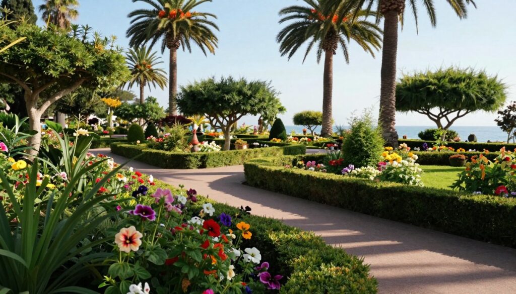 A vibrant botanical garden scene in Batumi, showcasing a variety of flowering plants and lush greenery. In the foreground, colorful flowers bloom, with intricate details of petals and leaves. The middle ground features well-maintained pathways winding through the garden, lined with neatly trimmed hedges and ornamental shrubs. The background reveals towering palm trees and glimpses of the distant sea, framed by a clear blue sky. Soft, warm sunlight filters through the foliage, casting gentle shadows on the ground, creating an inviting atmosphere. Captured from a low angle to emphasize the garden's depth and beauty, the overall mood is serene and rejuvenating, inviting visitors to explore the natural wonders of this botanical haven. A vibrant botanical garden scene in Batumi, showcasing a variety of flowering plants and lush greenery. In the foreground, colorful flowers bloom, with intricate details of petals and leaves. The middle ground features well-maintained pathways winding through the garden, lined with neatly trimmed hedges and ornamental shrubs. The background reveals towering palm trees and glimpses of the distant sea, framed by a clear blue sky. Soft, warm sunlight filters through the foliage, casting gentle shadows on the ground, creating an inviting atmosphere. Captured from a low angle to emphasize the garden's depth and beauty, the overall mood is serene and rejuvenating, inviting visitors to explore the natural wonders of this botanical haven.