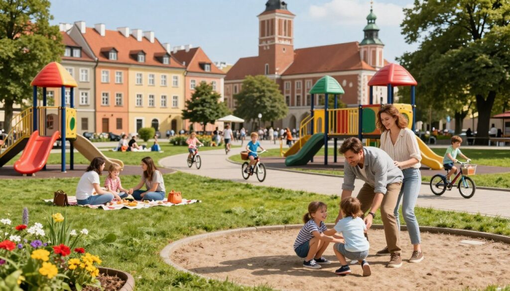 A vibrant family-friendly scene in Poznań, Poland, showcasing parents and children joyfully exploring a park filled with colorful playground equipment. In the foreground, a father and mother, dressed in casual but modest clothing, play with their two smiling children on a sunny day. Bright flowers and greenery surround them, enhancing the inviting atmosphere. In the middle ground, several families enjoy picnics on green lawns, while children are seen riding bicycles along a winding path. The background features the iconic architecture of Poznań, including the colorful facades of nearby buildings and a glimpse of the historic town hall, under a clear blue sky. The lighting is warm and inviting, creating a cheerful and welcoming environment perfect for families. A vibrant family-friendly scene in Poznań, Poland, showcasing parents and children joyfully exploring a park filled with colorful playground equipment. In the foreground, a father and mother, dressed in casual but modest clothing, play with their two smiling children on a sunny day. Bright flowers and greenery surround them, enhancing the inviting atmosphere. In the middle ground, several families enjoy picnics on green lawns, while children are seen riding bicycles along a winding path. The background features the iconic architecture of Poznań, including the colorful facades of nearby buildings and a glimpse of the historic town hall, under a clear blue sky. The lighting is warm and inviting, creating a cheerful and welcoming environment perfect for families.