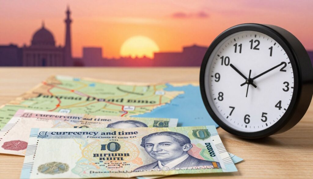 A vibrant, informative illustration symbolizing "currency and time" in an elegant setting. In the foreground, showcase a close-up of Jordanian dinar banknotes artfully arranged next to a classic wall clock displaying the local time. In the middle ground, represent a stylized map of Jordan featuring key locations like Petra and the Dead Sea, softly blurred to emphasize the banknotes and clock. In the background, include architectural silhouettes of famous Jordanian landmarks under a warm sunset, casting orange and pink hues. The lighting is soft yet vivid, creating a professional and educational atmosphere. The image should appear cohesive, focusing on clarity and a balanced composition, suitable for a reader's understanding of currency and time in Jordan.