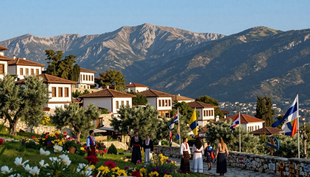 A vibrant landscape capturing the cultural differences of the Balkan region, showcasing Greece and its neighboring countries. In the foreground, a traditional Greek village with whitewashed buildings, olive trees, and colorful flowers, inhabited by people dressed in modest, traditional clothing. The middle ground features a border area with subtle elements from adjacent countries, like a stone wall adorned with unique cultural symbols and flags fluttering gently in the breeze. In the background, majestic mountains rise under a clear blue sky, casting soft shadows in the afternoon light. The atmosphere is serene and inviting, highlighting the rich history and diverse cultures. The image should be photographically rich with a slight depth of field, focusing on the foreground details while softly blurring the background for a dynamic yet harmonious composition.