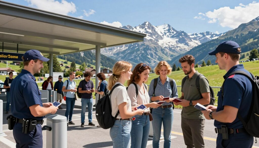 A vibrant scene depicting the Schengen Zone in Switzerland, showcasing the scenic beauty of the Swiss Alps in the background under a bright blue sky. In the foreground, include a modern border checkpoint with sleek architecture, featuring friendly border guards in professional attire checking passports of travelers. The middle ground features a diverse group of tourists, including individuals from various backgrounds, dressed in casual yet respectful clothing, happily engaging with each other while waiting. Capture the natural light of a sunny day, illuminating the scene with a warm and inviting atmosphere. The image should convey a sense of openness and collaboration within the Schengen Area, emphasizing the seamless travel experience while respecting border regulations.
