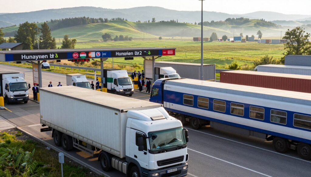A vibrant scene depicting the significance of transport logistics in Hungary's neighboring connections. In the foreground, focus on a modern cargo truck and a sleek train at a logistics hub, both loaded with freight. In the middle ground, illustrate a busy border crossing station with customs officials interacting with drivers and workers dressed in professional attire, showcasing efficient operations. Background elements include rolling green hills and a backdrop of distant mountains, representing Hungary’s scenic landscape. The lighting enhances a sense of urgency with warm daylight piercing the morning mist, creating an engaging atmosphere. Capture the scene from a slightly elevated angle to emphasize the hustle of transport and commerce, highlighting the importance of neighboring countries in trade and logistics.
