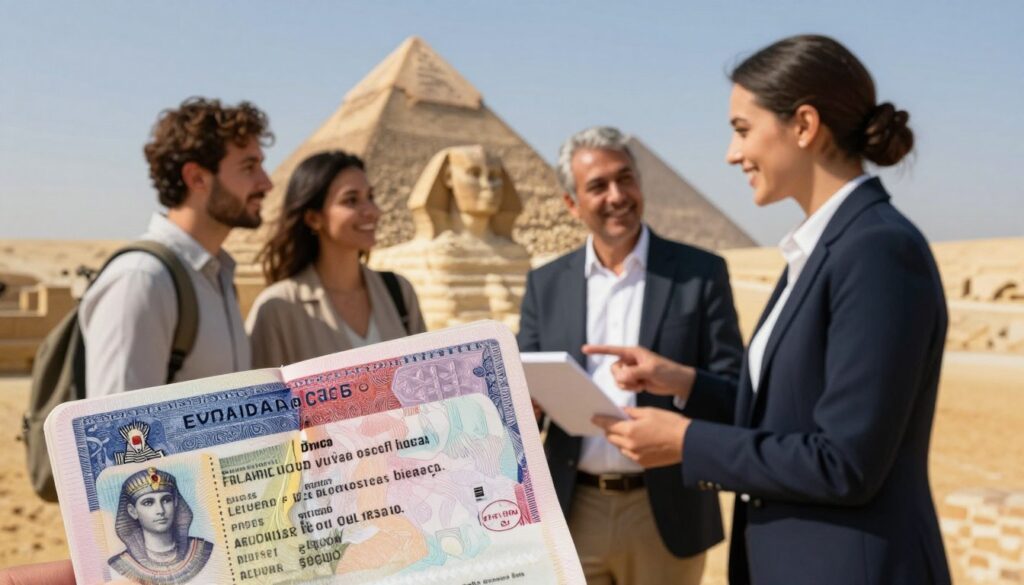 A vibrant scene depicting the various types of Egyptian tourist visas for Polish citizens. In the foreground, an official-looking passport open, showing an Egyptian visa stamped inside, elegantly illuminated by soft, warm lighting. In the middle, a friendly travel agent, dressed in professional business attire, discusses the visa application process with a couple, who are engaged and attentive. The background features iconic Egyptian landmarks, such as the Pyramids of Giza and the Sphinx under a clear, sunny sky, adding a sense of adventure. The atmosphere is welcoming and informative, emphasizing the importance of understanding visa types. The image should have a depth of field effect, with the couple and agent in sharp focus while the landmarks are slightly blurred, enhancing the sense of depth.