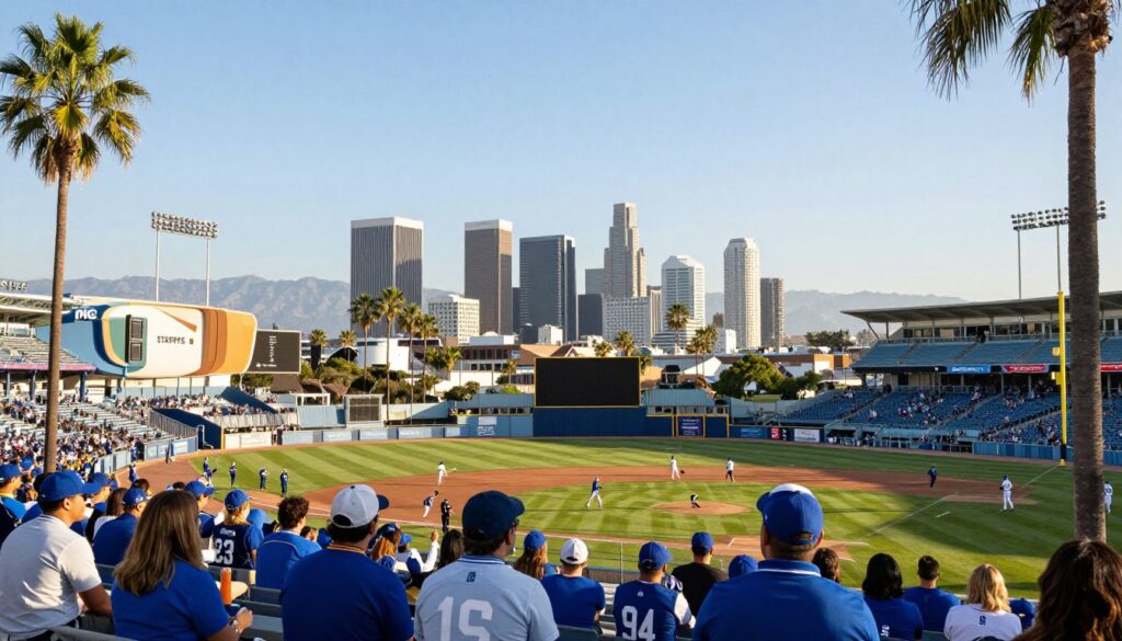 A vibrant scene showcasing iconic sports venues in Los Angeles, depicting the Staples Center and Dodger Stadium in the foreground, bustling with activity. Enthusiastic fans wearing team colors and sporting apparel can be seen enjoying various events. In the middle ground, the Los Angeles skyline glimmers under bright, sunny skies, with palm trees framing the image, reflecting the city's dynamic atmosphere. The background captures the majestic mountains, adding depth to the landscape. Soft sunlight casts warm, inviting shadows, creating a lively and energetic mood, perfect for highlighting the significance of sports in the city. The composition should emphasize the blend of casual excitement and professional sporting events, portraying a quintessential day in L.A.'s sports culture.
