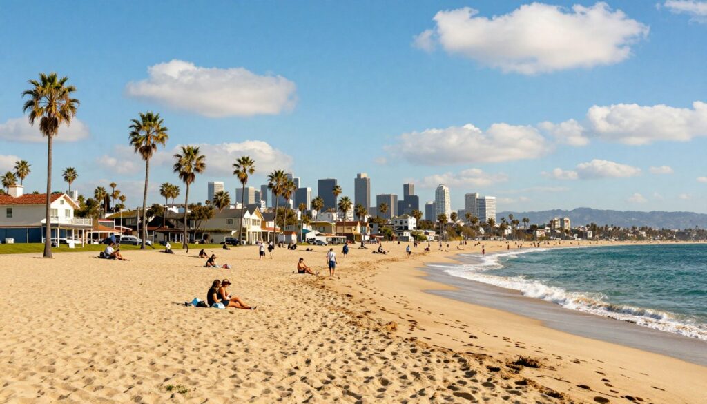 A vibrant scene showcasing the climate of Los Angeles, California. In the foreground, depict a sunny beach with golden sand and turquoise waves gently lapping at the shore, where a few people are enjoying the sun in modest casual clothing. The middle layer features palm trees swaying in a light breeze, casting playful shadows. In the background, the iconic skyline of downtown Los Angeles is visible under a bright blue sky, dotted with fluffy white clouds. The lighting is bright and warm, implying a clear, pleasant day. Utilize a slightly elevated angle to capture the expanse of the beach and cityscape, creating an inviting and relaxed atmosphere. The mood should evoke a sense of warmth and the allure of the Californian climate.