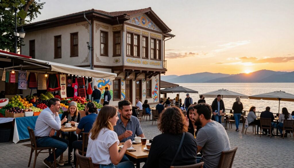 A vibrant street scene in Batumi, Georgia, capturing the essence of local culture and daily life. In the foreground, a group of diverse people dressed in modest, casual attire are engaged in animated conversations at a bustling outdoor café, sipping coffee and laughing. The middle ground showcases charming architecture with ornate balconies and colorful murals reflecting Georgian traditions. A lively market stall selling fresh produce and handmade crafts further adds to the atmosphere. In the background, the stunning Black Sea glistens under a warm golden sunset, with the distant silhouettes of mountains providing depth. Soft, natural lighting emphasizes the warmth of the scene, creating a welcoming and inviting mood. Shot from a slightly elevated angle for a comprehensive view. A vibrant street scene in Batumi, Georgia, capturing the essence of local culture and daily life. In the foreground, a group of diverse people dressed in modest, casual attire are engaged in animated conversations at a bustling outdoor café, sipping coffee and laughing. The middle ground showcases charming architecture with ornate balconies and colorful murals reflecting Georgian traditions. A lively market stall selling fresh produce and handmade crafts further adds to the atmosphere. In the background, the stunning Black Sea glistens under a warm golden sunset, with the distant silhouettes of mountains providing depth. Soft, natural lighting emphasizes the warmth of the scene, creating a welcoming and inviting mood. Shot from a slightly elevated angle for a comprehensive view.