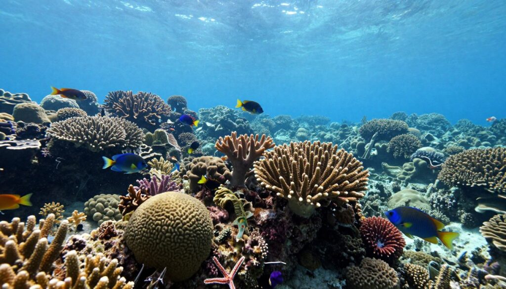 A vibrant underwater scene showcasing coral reefs in Panama, featuring an array of colorful coral formations, including brain coral and staghorn coral in the foreground. Tropical fish in brilliant hues swim gracefully around the coral, while dappled sunlight filters through the clear blue water above, creating a serene and inviting atmosphere. In the middle ground, the coral extends into a deeper blue with hints of marine life, including starfish and small shrimp. The background fades into a soft, light blue, suggesting the depth of the ocean. The image should have a realistic and immersive quality, using a wide-angle perspective to capture the richness and diversity of marine biodiversity, conveying a sense of tranquility and the beauty of nature. A vibrant underwater scene showcasing coral reefs in Panama, featuring an array of colorful coral formations, including brain coral and staghorn coral in the foreground. Tropical fish in brilliant hues swim gracefully around the coral, while dappled sunlight filters through the clear blue water above, creating a serene and inviting atmosphere. In the middle ground, the coral extends into a deeper blue with hints of marine life, including starfish and small shrimp. The background fades into a soft, light blue, suggesting the depth of the ocean. The image should have a realistic and immersive quality, using a wide-angle perspective to capture the richness and diversity of marine biodiversity, conveying a sense of tranquility and the beauty of nature.