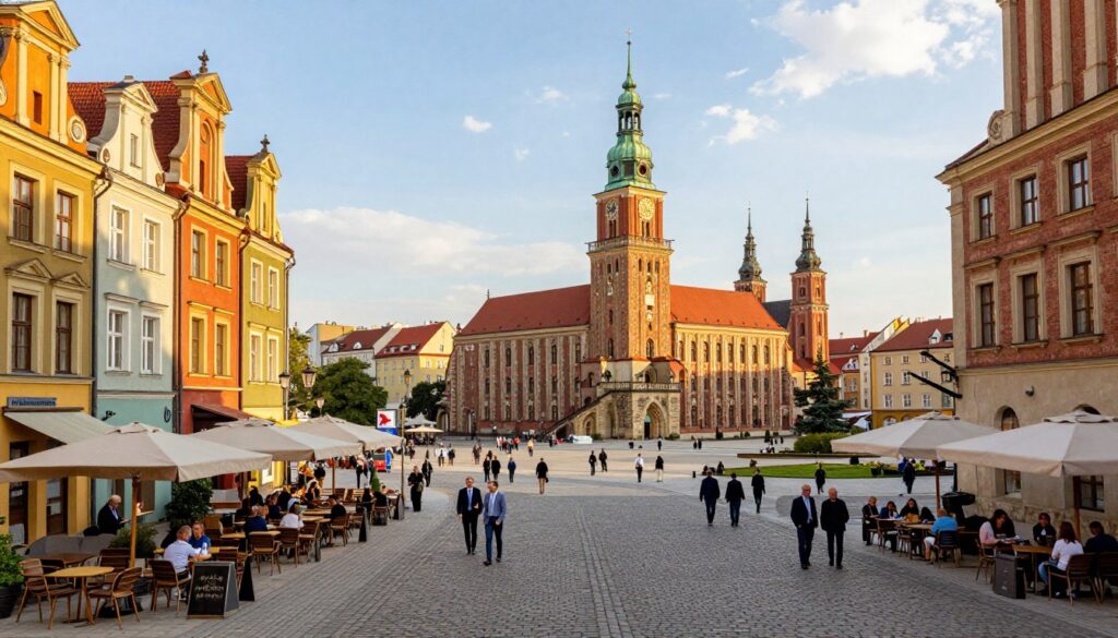A vibrant urban scene depicting the architecture of Kalisz city center, showcasing historic buildings with ornate facades and colorful textures. In the foreground, cobblestone streets lined with cafes and small shops. The middle ground features a beautiful town square, bustling with people in professional attire enjoying leisure time. Grand historical monuments, such as a prominent clock tower and church steeples, rise in the background, bathed in warm afternoon sunlight. The scene captures the essence of Polish architecture with intricate details and rich colors. The sky is clear with soft clouds, adding to the inviting atmosphere. Use a wide-angle lens to provide an expansive view while maintaining detail and clarity throughout the scene.