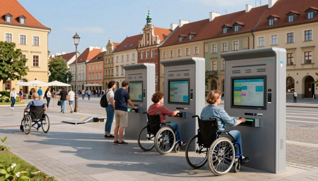 A vibrant urban scene in Poznań, showcasing digital accessibility features. In the foreground, a diverse group of people of varying abilities are engaging with digital kiosks and interactive screens designed for universal access. The middle ground features a well-maintained public space with smooth pathways and ramps, ensuring easy navigation for wheelchair users. Background elements include recognizable Poznań architecture, such as the Town Hall, under a clear blue sky. Soft, natural lighting enhances the welcoming atmosphere, with shadows cast lightly around the scene to create depth. The overall mood is inclusive and progressive, emphasizing the importance of digital accessibility for all citizens. A vibrant urban scene in Poznań, showcasing digital accessibility features. In the foreground, a diverse group of people of varying abilities are engaging with digital kiosks and interactive screens designed for universal access. The middle ground features a well-maintained public space with smooth pathways and ramps, ensuring easy navigation for wheelchair users. Background elements include recognizable Poznań architecture, such as the Town Hall, under a clear blue sky. Soft, natural lighting enhances the welcoming atmosphere, with shadows cast lightly around the scene to create depth. The overall mood is inclusive and progressive, emphasizing the importance of digital accessibility for all citizens.