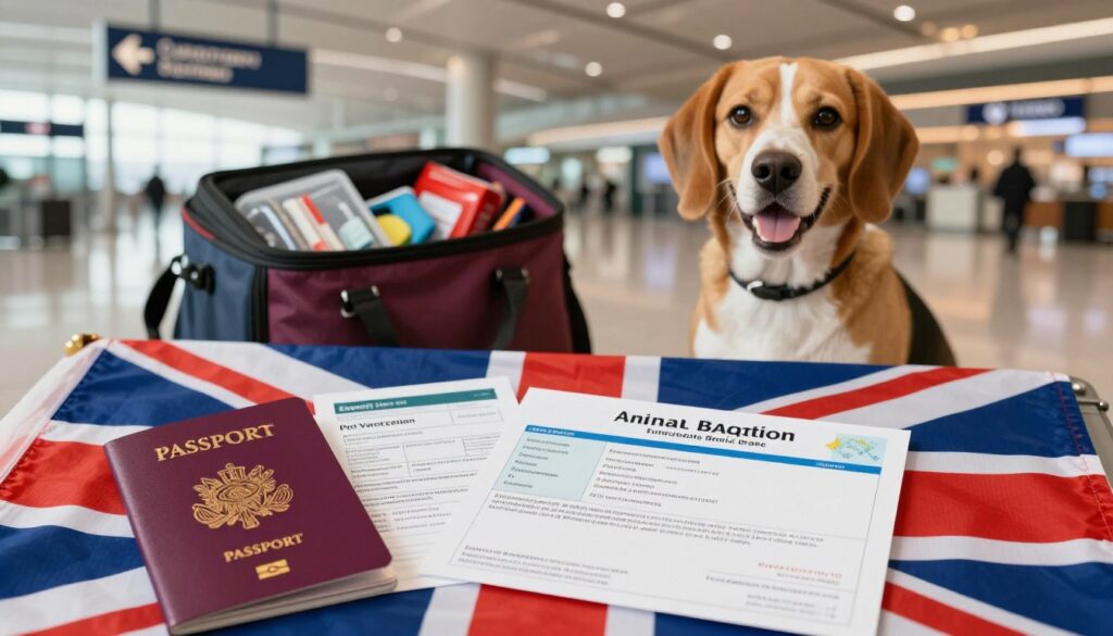 A well-organized travel scene featuring essential documents for bringing a dog into the United Kingdom. In the foreground, a neatly arranged passport, pet vaccination records, and an animal health certificate with a vibrant UK flag in the background. The middle ground includes a friendly dog, such as a Labrador or Beagle, sitting next to a travel bag with pet supplies and travel essentials. The background showcases a soft-focus view of an airport terminal with clear signage directing travelers to customs. The lighting is warm and inviting, replicating a cozy travel atmosphere, evoking feelings of excitement and anticipation for the journey ahead. The scene should be depicted from a slightly elevated angle to capture the organized arrangement of documents and the dog’s eager expression.