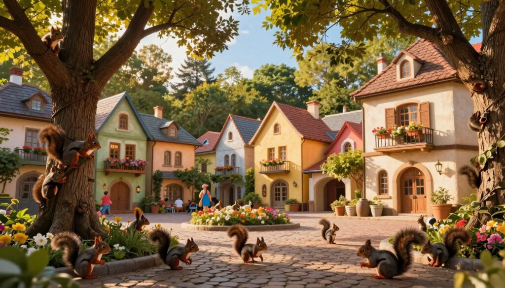 A whimsical and charming city inhabited by squirrels, featuring quaint, storybook-style architecture interwoven with trees and greenery. In the foreground, playful squirrels are gathered around a small park, some climbing trees while others scamper on cobblestone paths, surrounded by flower beds. The middle ground showcases colorful buildings with shingled roofs and balconies adorned with flower pots, casting soft shadows. In the background, a lush forest creates a vibrant contrast against the blue sky, with dappled sunlight filtering through the leaves. The mood is cheerful and inviting, evoking a sense of community and harmony with nature. The scene is illuminated by warm, golden sunset lighting, capturing the late afternoon glow, photographed from a low angle to emphasize the bustling life of the squirrels.