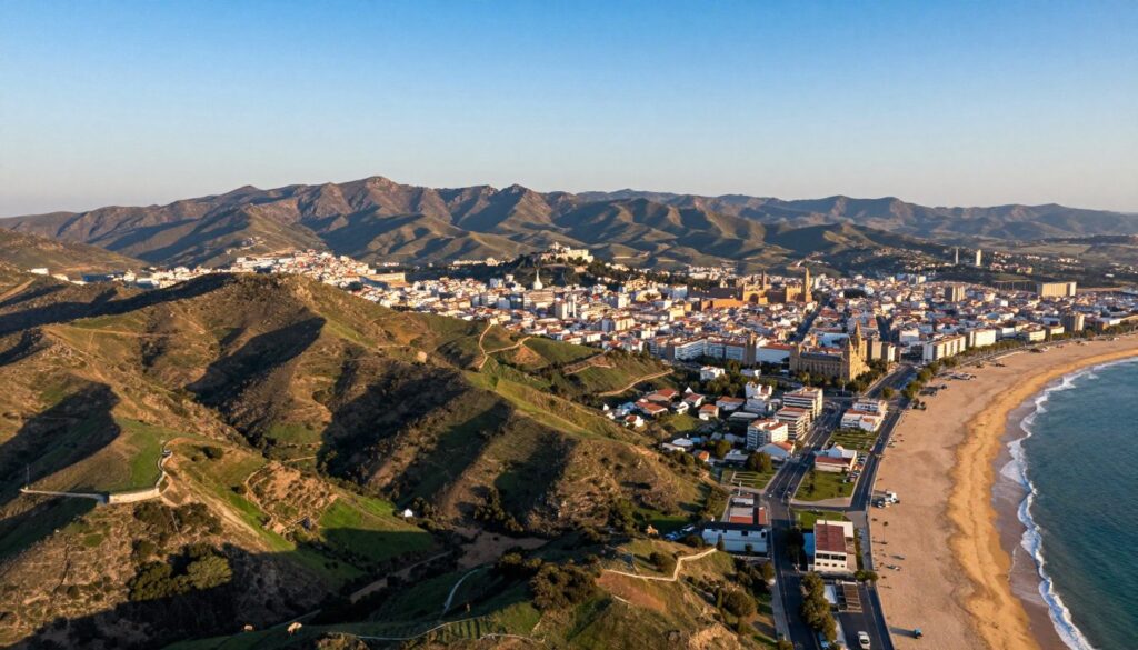 Aerial view of the Iberian Peninsula, capturing its diverse geography, including rugged mountains, rolling hills, and coastal areas. In the foreground, vibrant green valleys transition into the golden sands of the beaches along the Mediterranean Sea. In the middle ground, the bustling cities of Madrid and Lisbon are depicted with modern architecture alongside historic landmarks, showcasing the blend of cultures. The background features a clear blue sky illuminated by warm sunlight, enhancing the serene atmosphere. Soft shadows play across the landscape, creating depth and contrast. The image should evoke a sense of discovery and appreciation for the rich political division and metropolitan significance of the region, with a wide-angle perspective to emphasize the peninsula's expansive beauty.