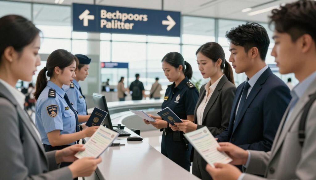 An official border control scene showcasing the importance of document validity. In the foreground, a diverse group of travelers, including men and women in professional business attire, hold up their passports and travel documents with focused expressions. In the middle ground, a border control officer in a crisp uniform examines the documents on a sleek counter. The background features an airport terminal with clear signage about document requirements, soft natural lighting filtering through large windows, creating an atmosphere of anticipation and seriousness. The image captures a moment of diligence, emphasizing the importance of having valid documents while crossing borders.