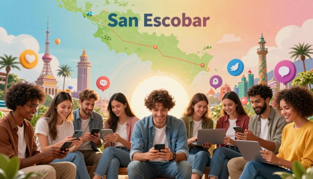 In a vibrant digital landscape, imagine a bustling online community engaged in lively discussions about a fictional country, "San Escobar." In the foreground, a diverse group of internet users of various ages and ethnicities, dressed in casual attire, enthusiastically sharing ideas on their devices. In the middle ground, creative representations of iconic landmarks and symbols of San Escobar, blending reality and fantasy, surrounded by colorful social media icons and whimsical mythological elements. The background features a stylized map of San Escobar, depicted in bright, inviting colors, with a soft glow that evokes excitement and curiosity. The atmosphere is lively and engaging, with warm, inviting lighting that enhances the sense of community and creativity. The composition captures the essence of how myths and legends can emerge in the digital age, focusing on collaboration and imagination.