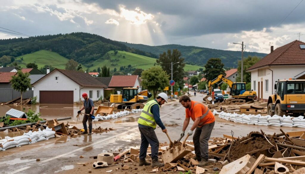 Lądek-Zdrój after a major flood in 2024, showcasing the aftermath and reconstruction efforts. In the foreground, depict workers in professional attire carefully clearing debris and assessing damage, their expressions reflecting determination and resilience. The middle ground features partially submerged buildings and a waterlogged street, with visible signs of recovery like construction machinery and sandbags. In the background, illustrate the lush green hills surrounding the town, contrasting with the starkness of the flood’s impact, under a dramatic sky with soft rays of sunlight breaking through clouds. Maintain a balanced composition, using a wide-angle lens effect to convey depth, and ensure the overall atmosphere is one of hope and revival amidst the challenges faced.